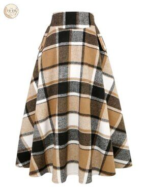 High Waisted Wool Plaid A-Line Maxi Skirt Flared Ankle Length